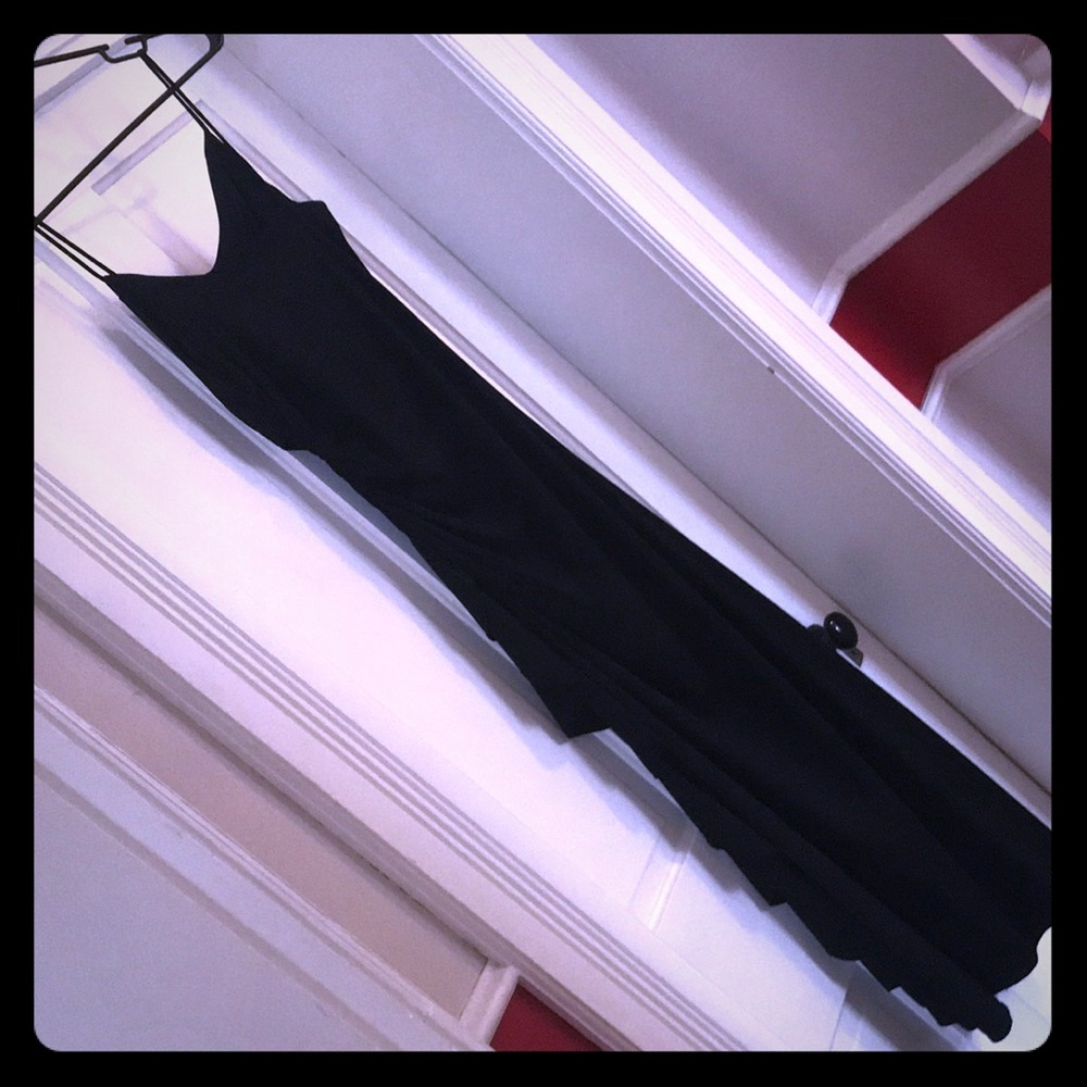 Black long fitted dress.